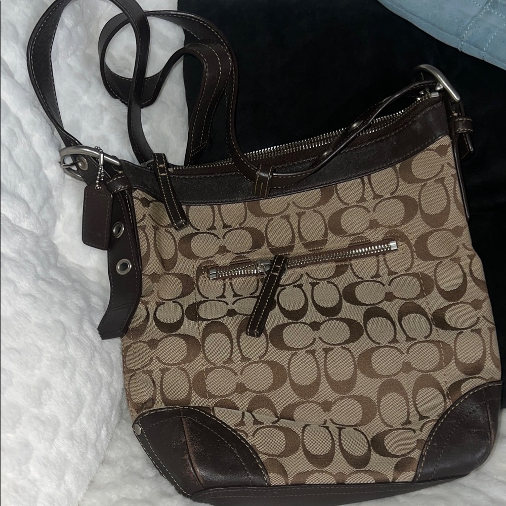 Coach Tan and Brown Signature Shoulder Bag